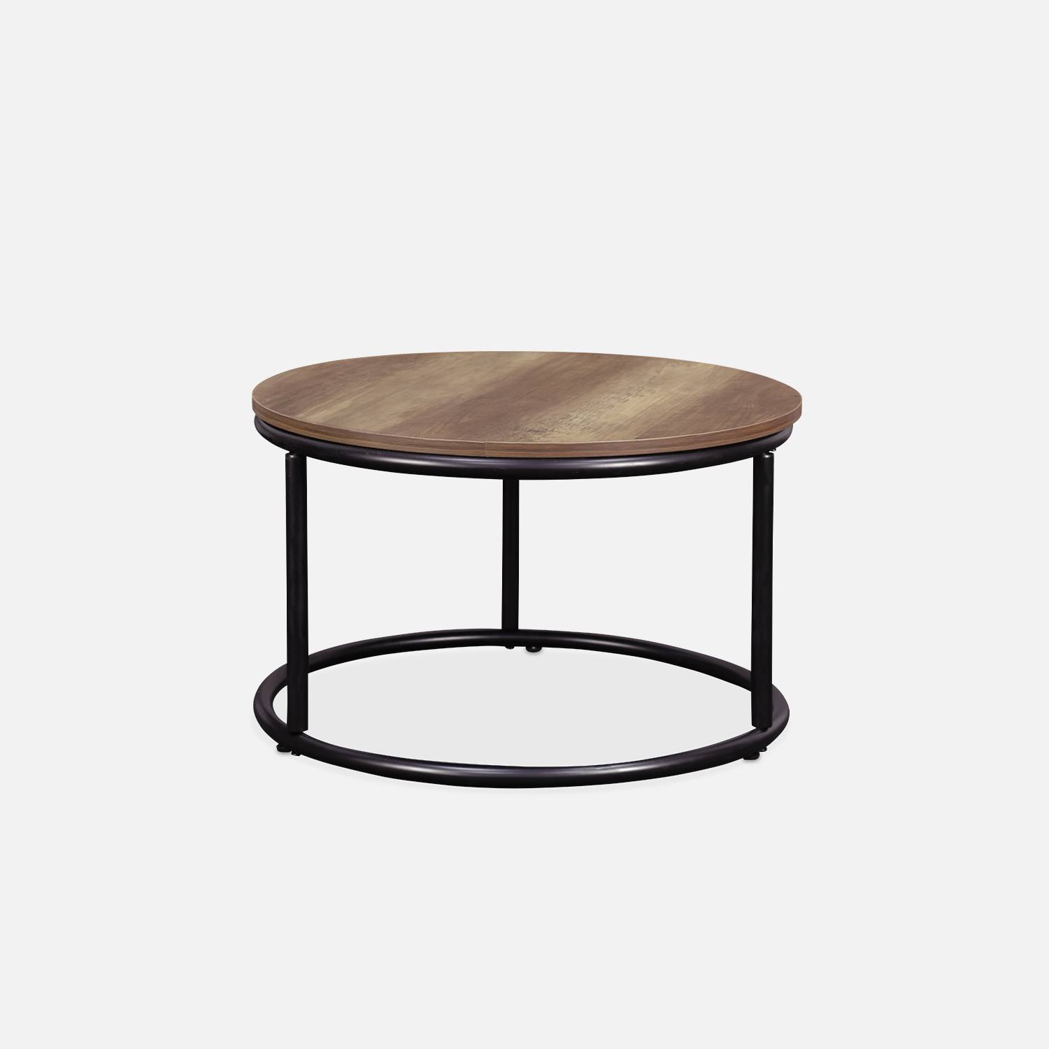 Lot de 2 tables gigognes rondes métal noir, décor bois - Loft - encastrables, 1x Ø77 x H 40cm / x1 Ø57 x H 35cm Photo3