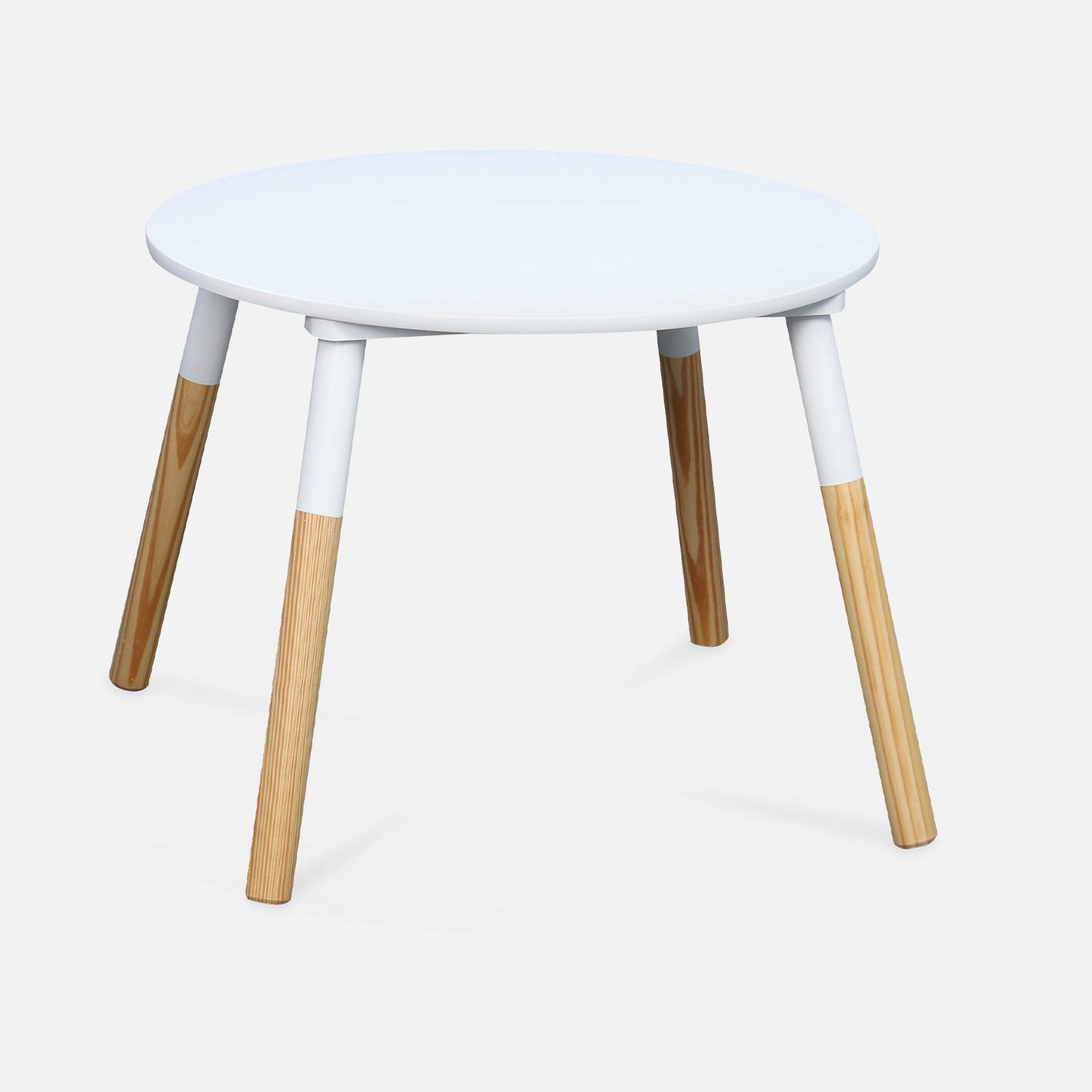 Tavolo rotondo per bambini, due sgabelli TOBIAS - legno massello in pino naturale bianco - Ø55 x H43CM Photo2