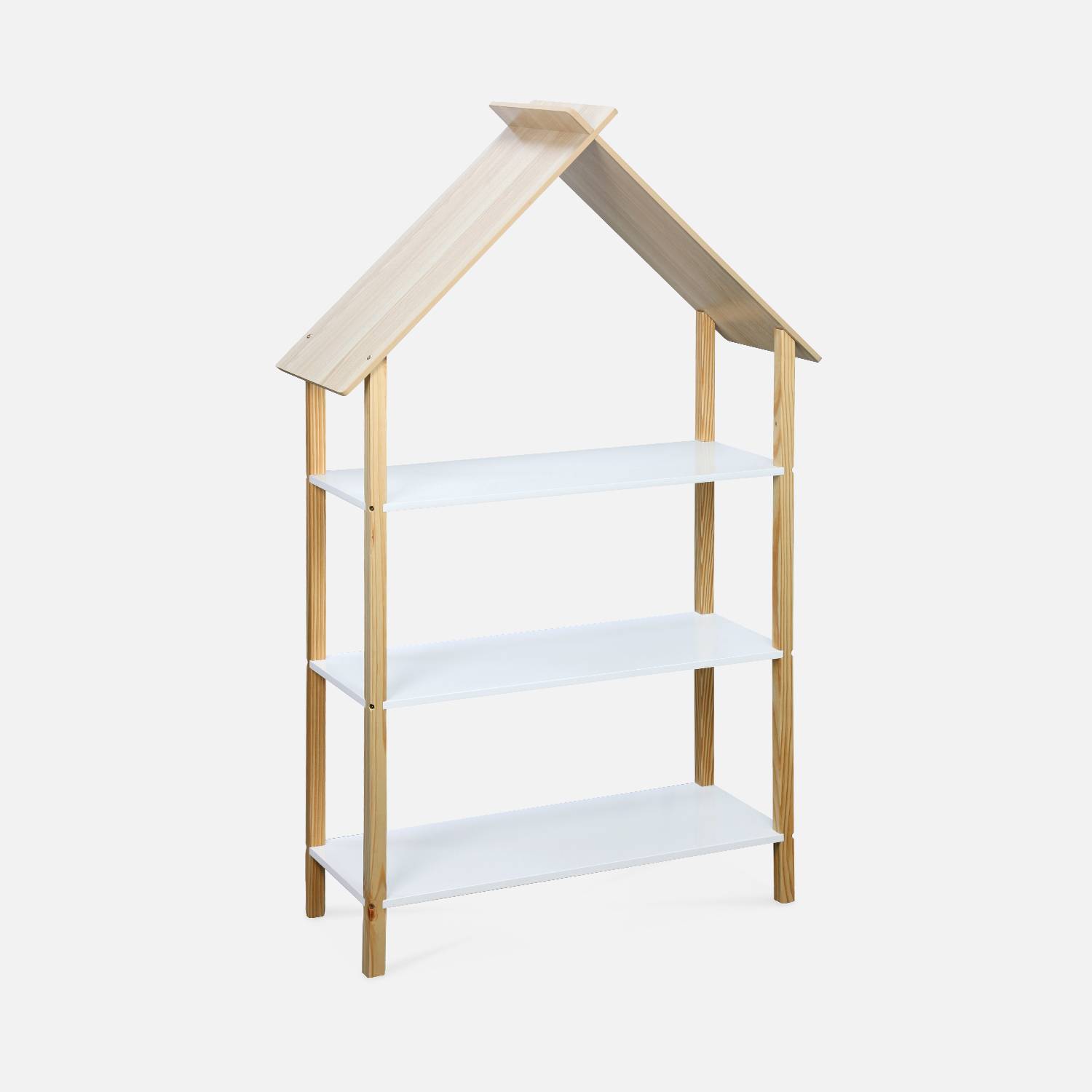 Etagère chambre enfant, 3 niveaux avec toit - Tobias - Bois massif en pin naturel blanc et MDF - 79x28x130cm Photo5