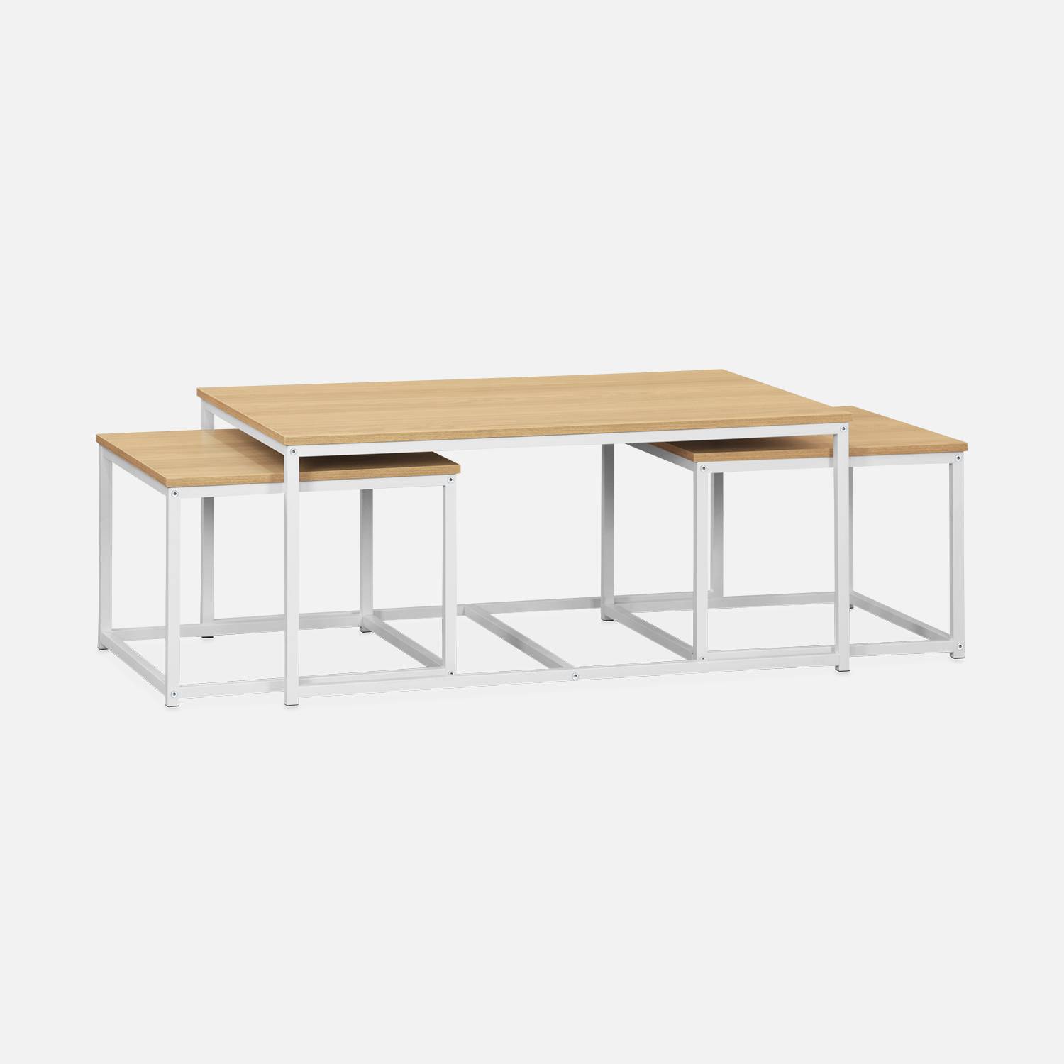 Set van 3 salontafels van mat wit metaal en houtlook, inschuifbaar, 1x100x60x45cm / 2x50x50x38cm Photo2