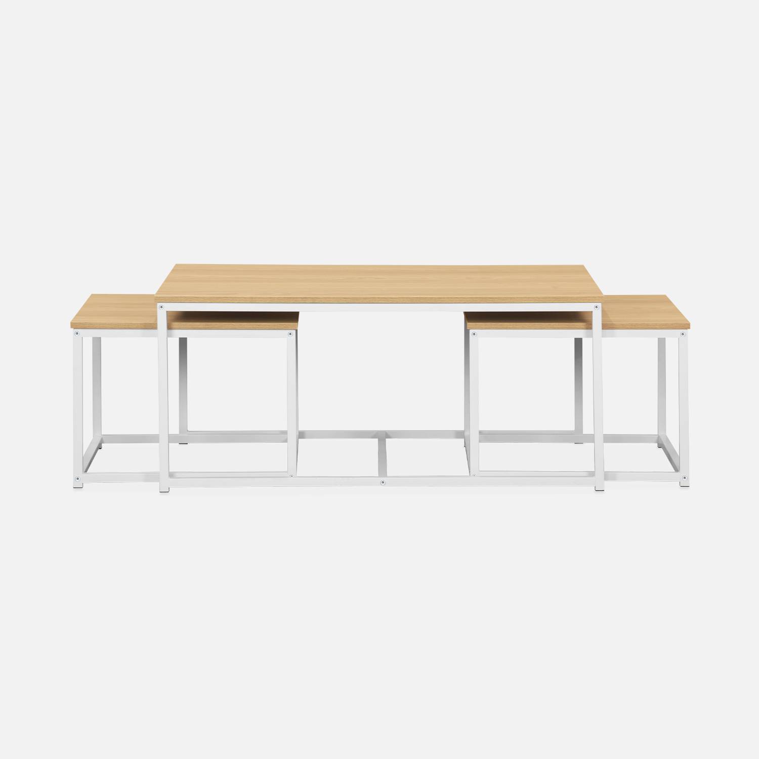 Lot de 3 tables gigognes métal blanc mat, décor bois - Loft - encastrables, 1x100x60x45cm / 2x50x50x38cm Photo3