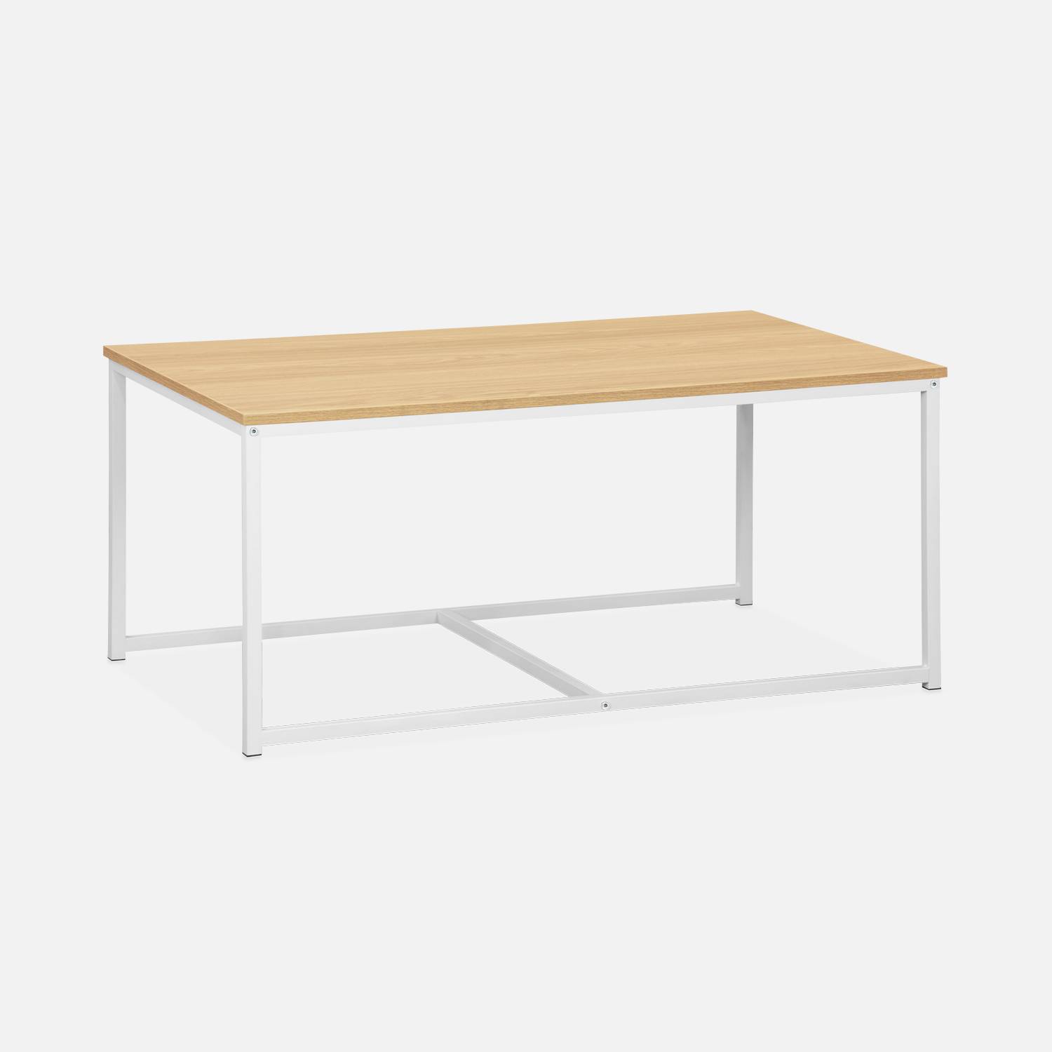 Set van 3 salontafels van mat wit metaal en houtlook, inschuifbaar, 1x100x60x45cm / 2x50x50x38cm Photo4