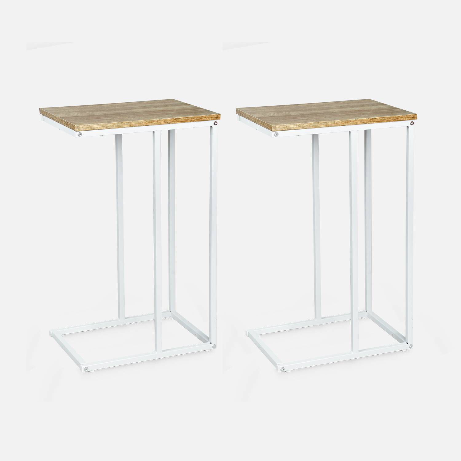 Set van 2 bijzettafels met een wit metalen frame en laminaatplaat tafelblad - Afmetingen: 40x30x66cm Photo4