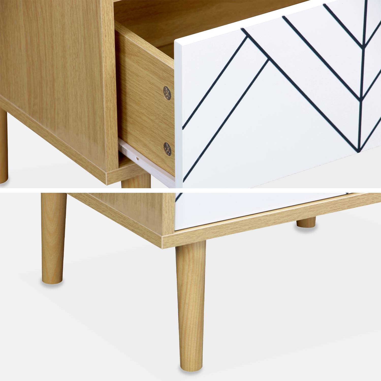 Table de chevet décor bois naturel et blanc - Mika - 2 tiroirs - L 48 x l 40 x H 59cm Photo4