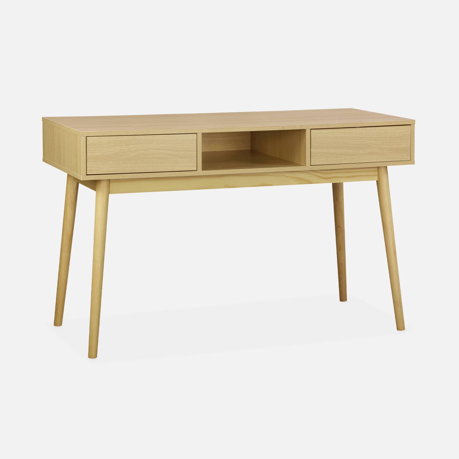 Console décor bois - Mika - 2 tiroirs, 1 casier de rangement, pieds scandinaves, L 120 x l 48 x H 75cm  Photo1