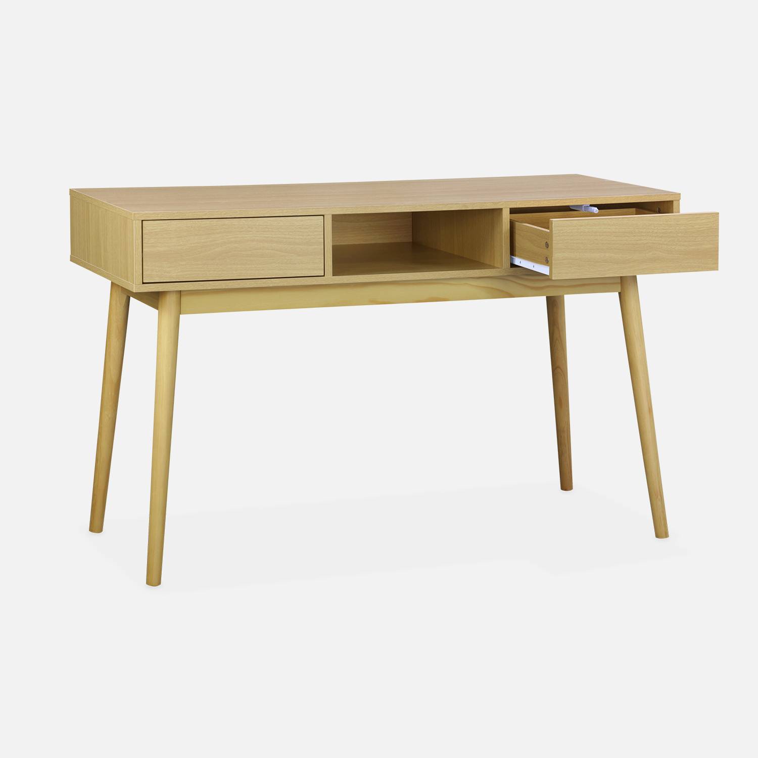 Console décor bois - Mika - 2 tiroirs, 1 casier de rangement, pieds scandinaves, L 120 x l 48 x H 75cm  Photo2