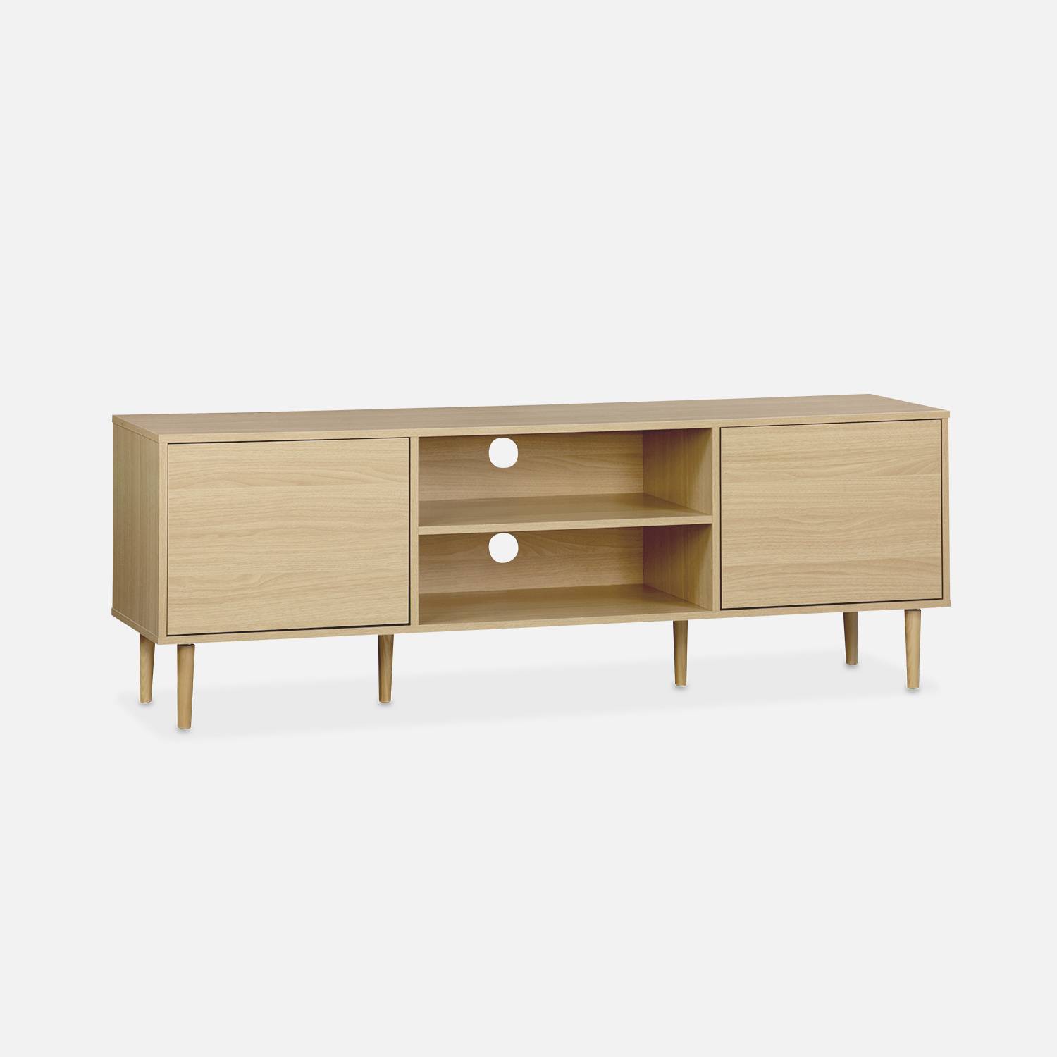 Meuble TV décor bois - Mika - 2 niveaux, 3 étagères, 2 portes, L 160 x l 40 x H 56cm Photo3