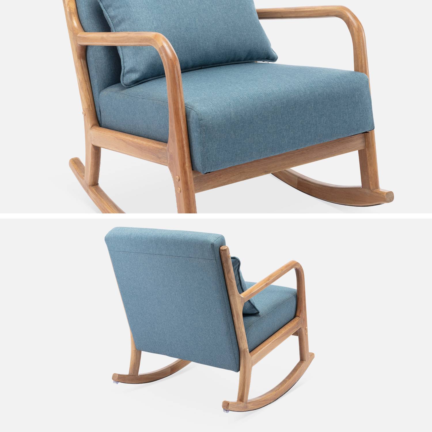 Cadeira de baloiço de design em madeira e tecido, 1 lugar, cadeira de baloiço escandinava, azul Photo6