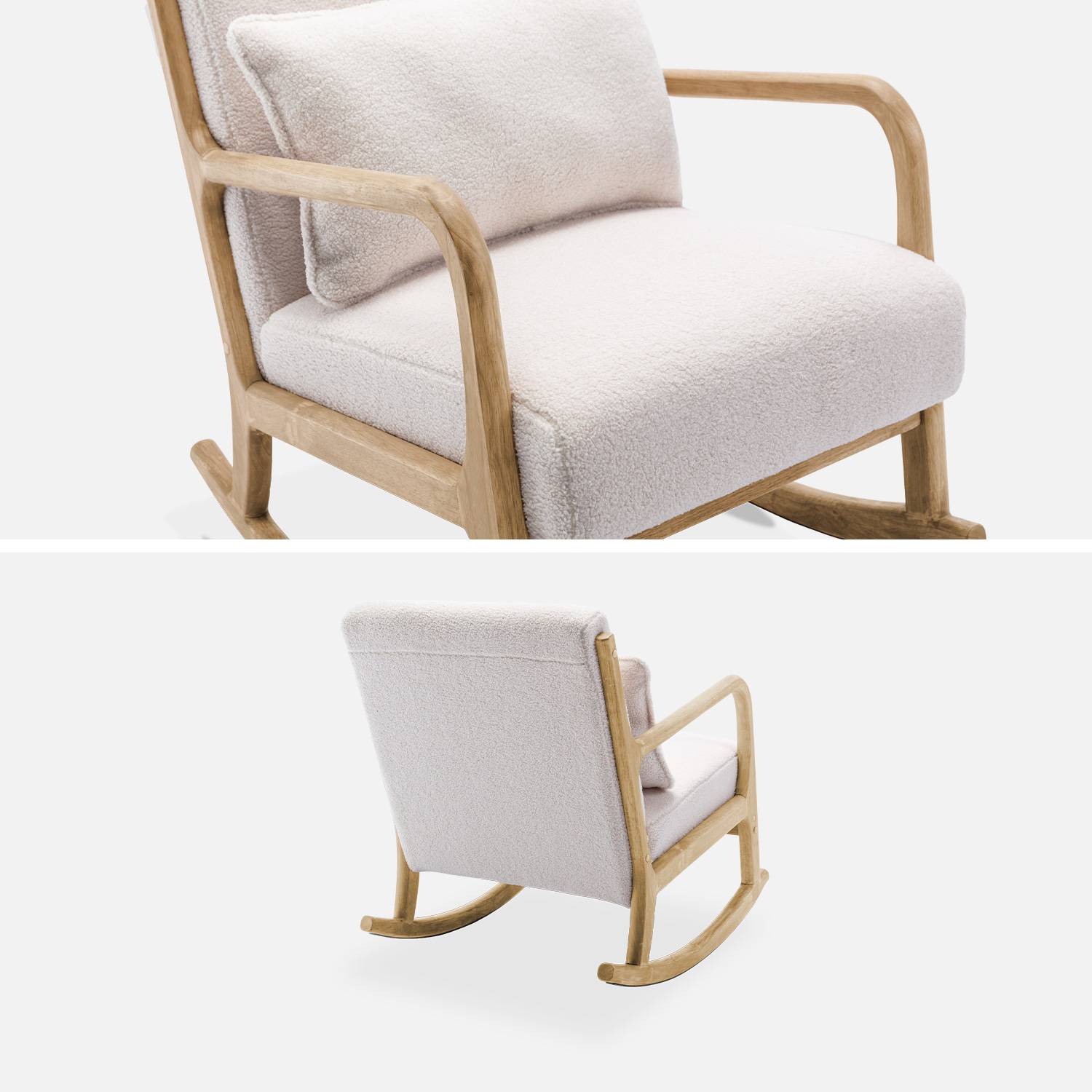 Fauteuil à bascule design en bois et tissu, bouclettes blanches, 1 place, rocking chair scandinave Photo7