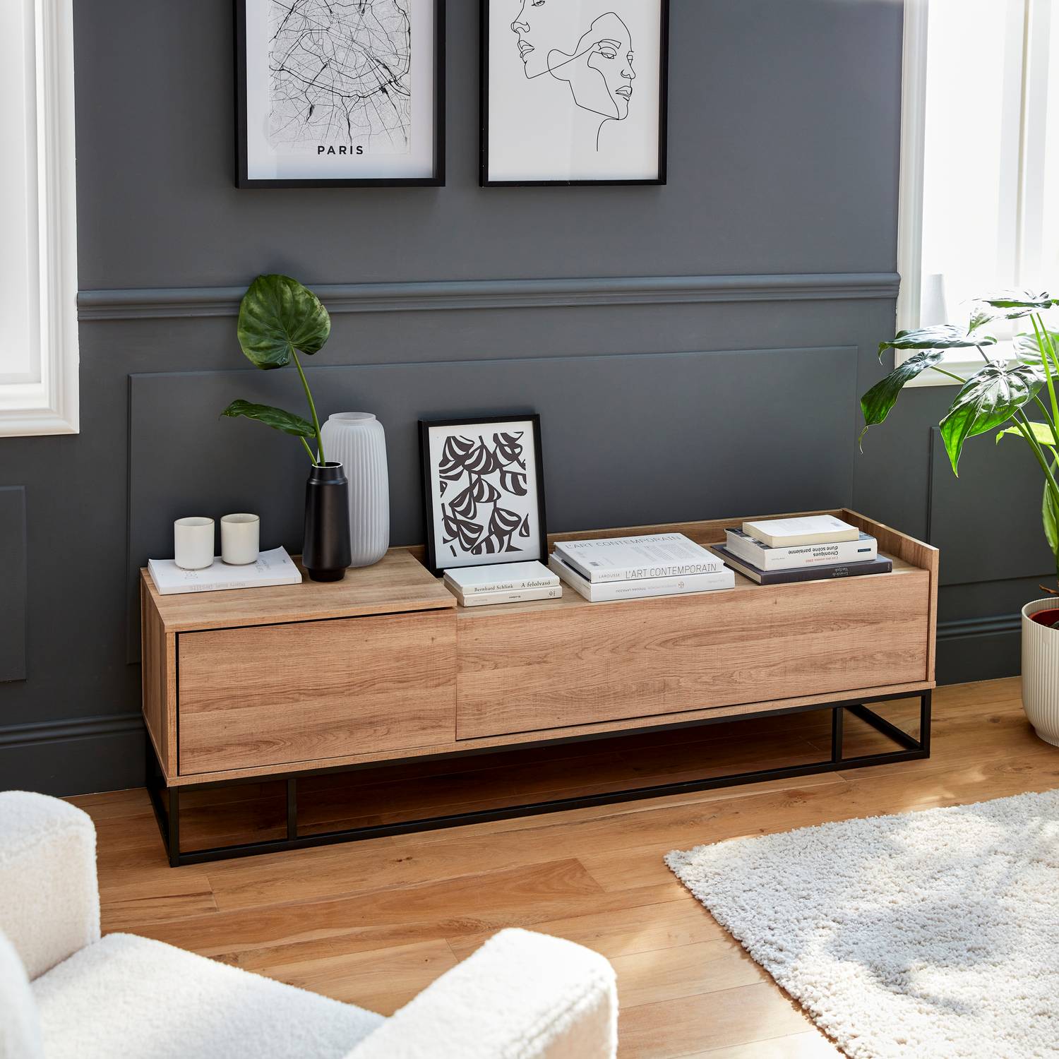 TV meubel met houtlook en metaal 160x39x45cm, 1 lade, 2 compartimenten Photo2 TV meubel met houtlook en metaal 160x39x45cm, 1 lade, 2 compartimenten Photo2
