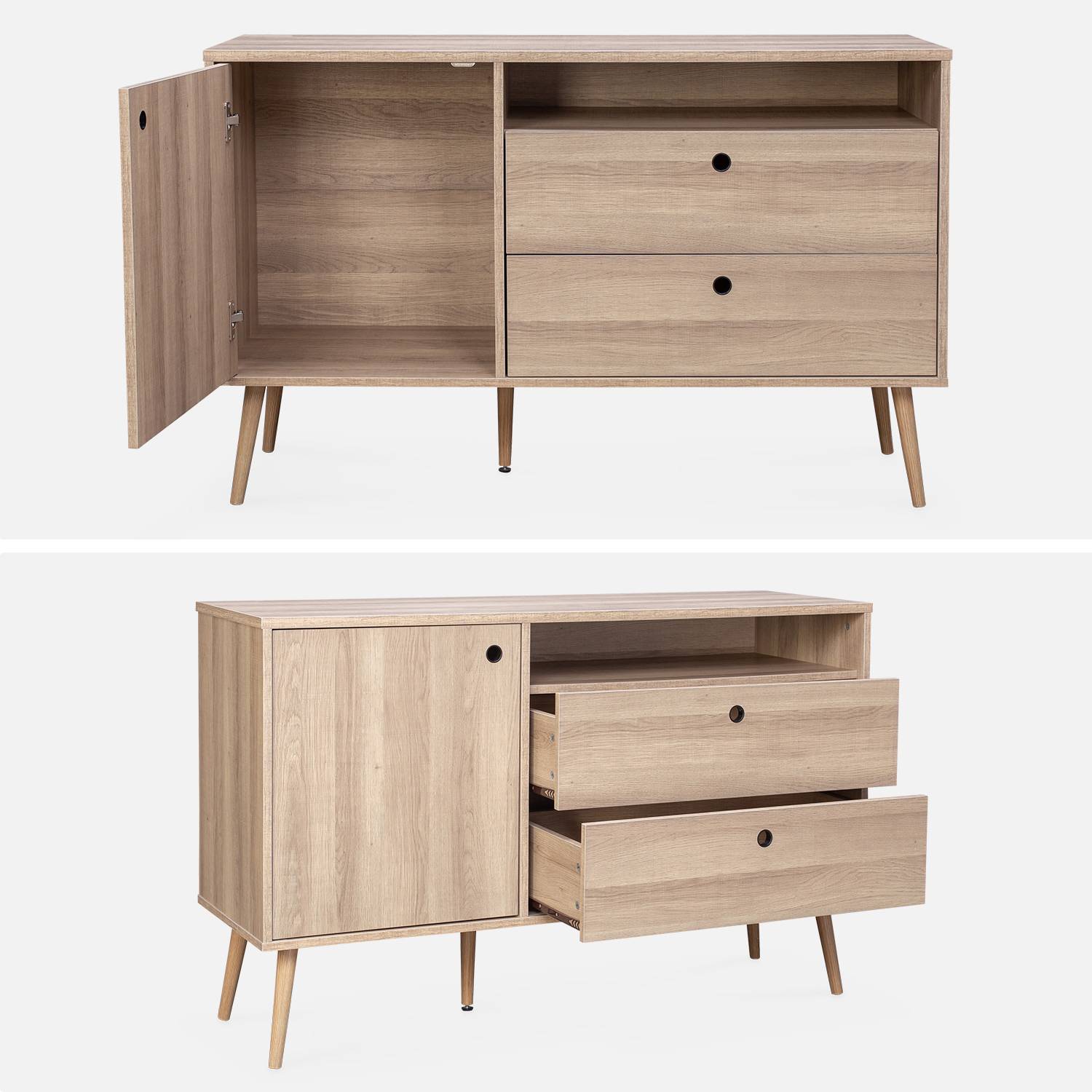 Buffet en décor bois 120x39x75cm - Scandi - 1 porte, 2 tiroirs Photo6