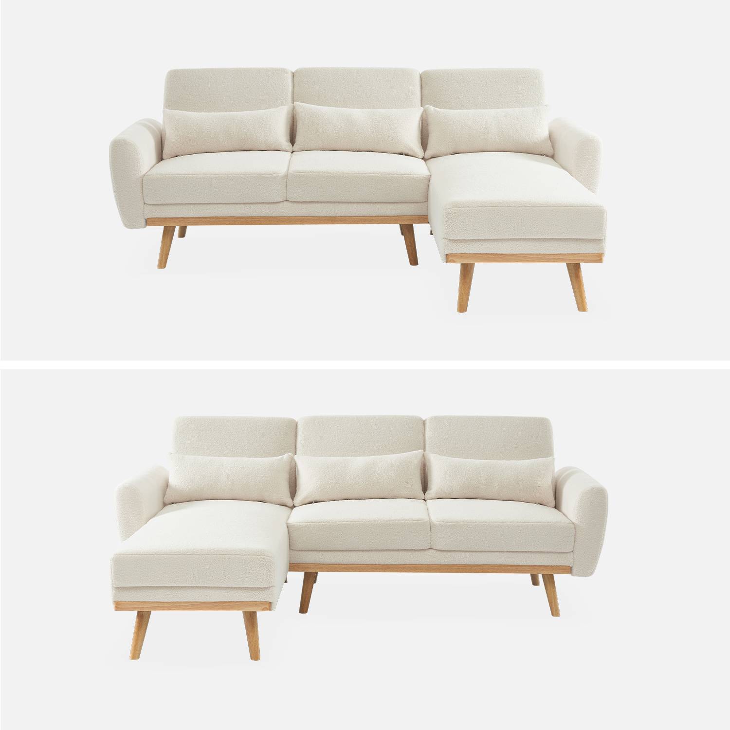 Sofá-cama de canto de 3 lugares reversível, tecido encaracolado branco, pernas de madeira Photo4