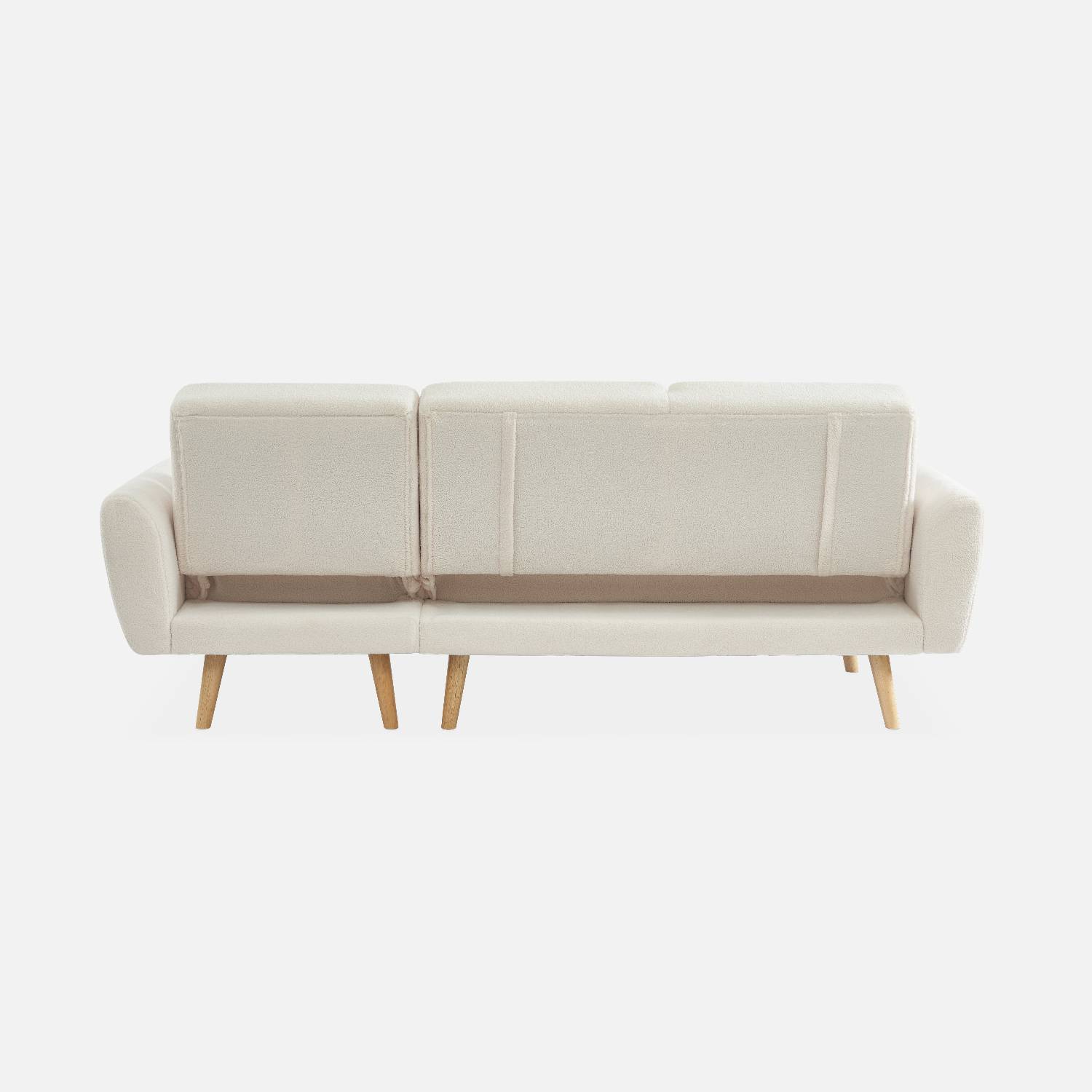 Sofá-cama de canto de 3 lugares reversível, tecido encaracolado branco, pernas de madeira Photo5
