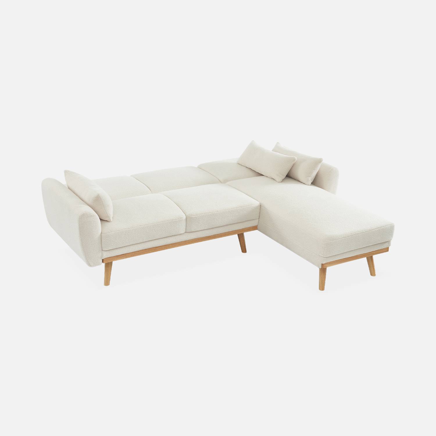 Sofá-cama de canto de 3 lugares reversível, tecido encaracolado branco, pernas de madeira Photo6