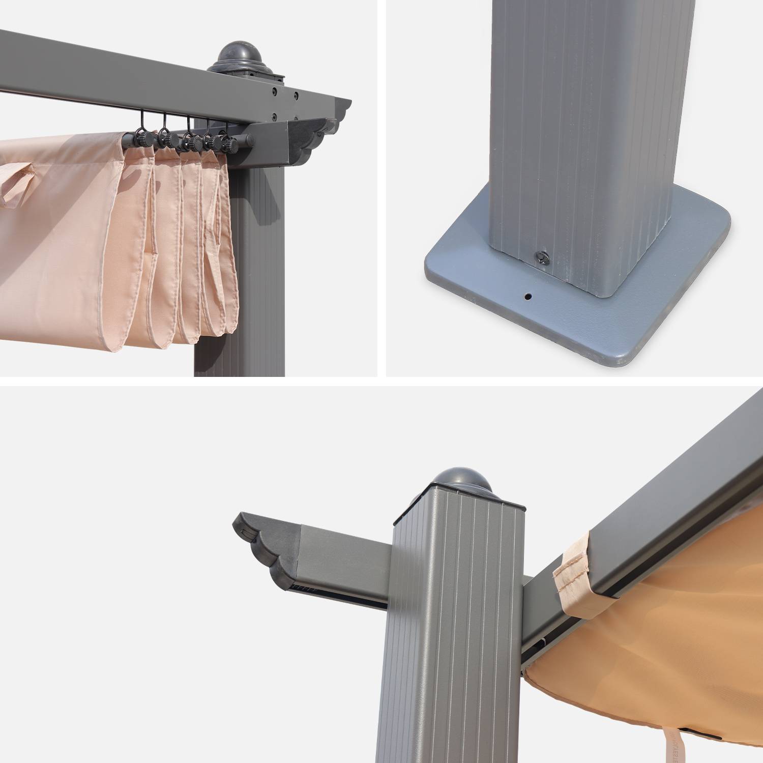 Pergola aluminium - Condate 3x3m -  Toile beige - Tonnelle idéale pour votre terrasse, toit retractable, toile coulissante, structure aluminium Photo4