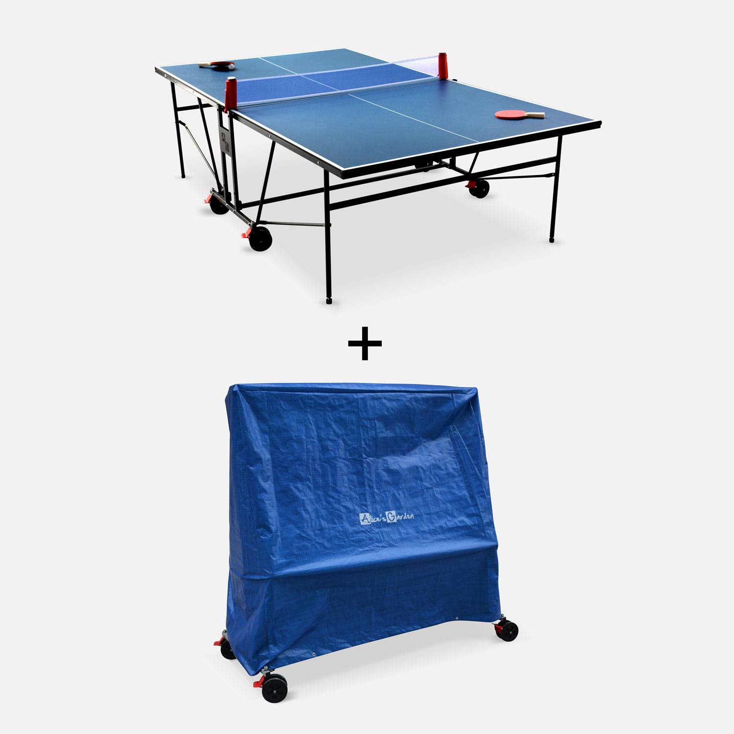 INDOOR tafeltennistafel blauw met beschermhoes, opvouwbare tafel met 2 batjes et 3 balletjes, voor binnengebruik, sport tafeltennis Photo1
