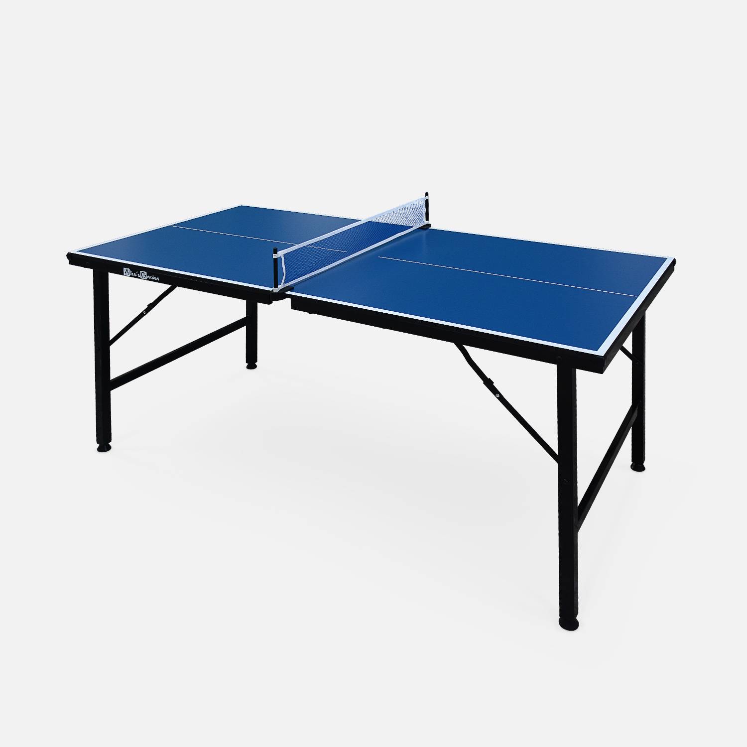Mini table de ping pong pliable INDOOR bleue, avec 4 raquettes et 6 balles Photo2