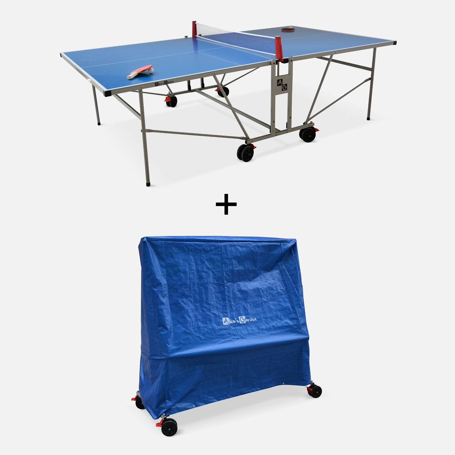 OUTDOOR tafeltennistafel blauw met beschermhoes, opvouwbare tafel met 2 batjes et 3 balletjes, voor buitengebruik, sport tafeltennis Photo1