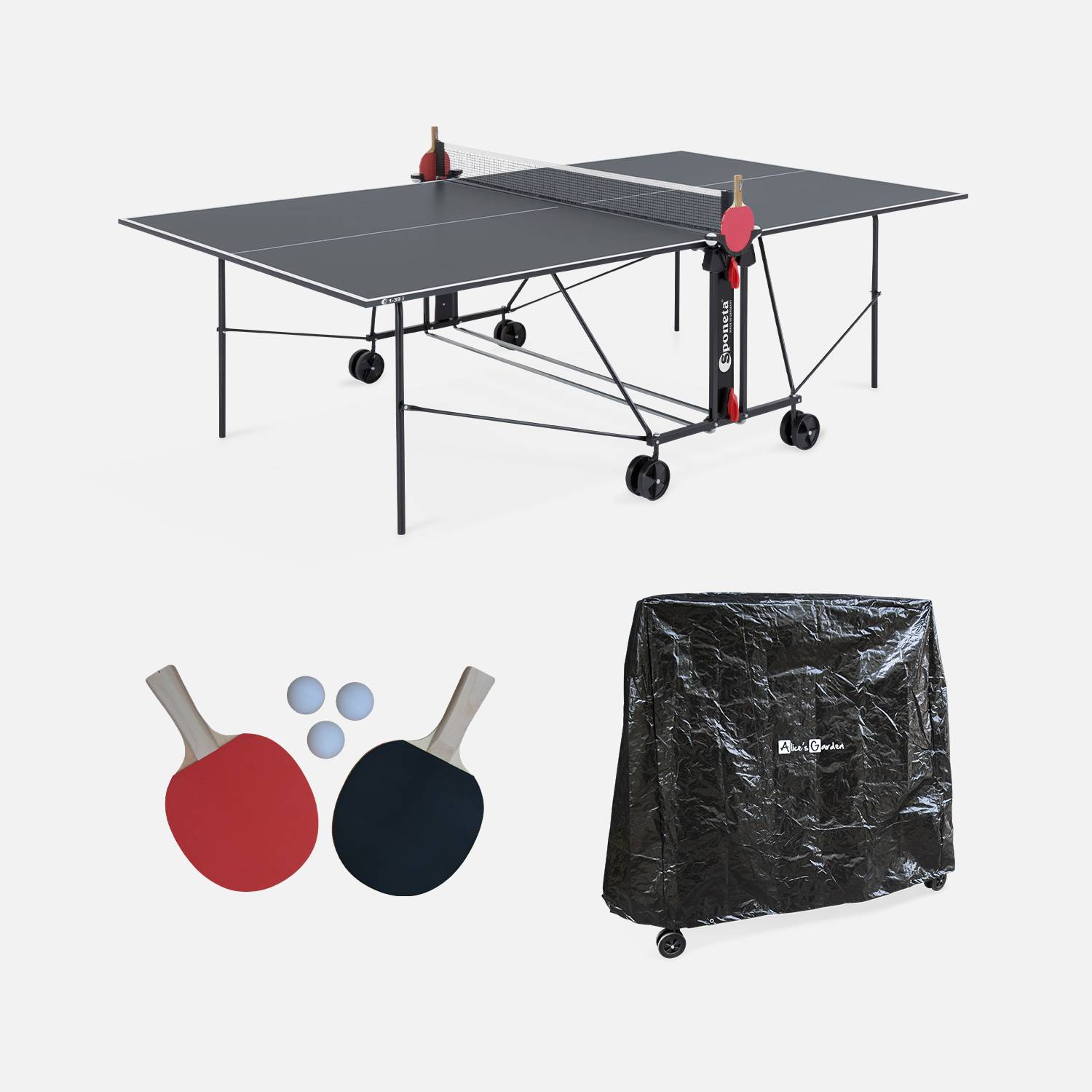 OUTDOOR pingpongtafel, met 2 rackets en 3 ballen, voor buitengebruik, tafeltennissport, grijs + PVS hoes Photo1