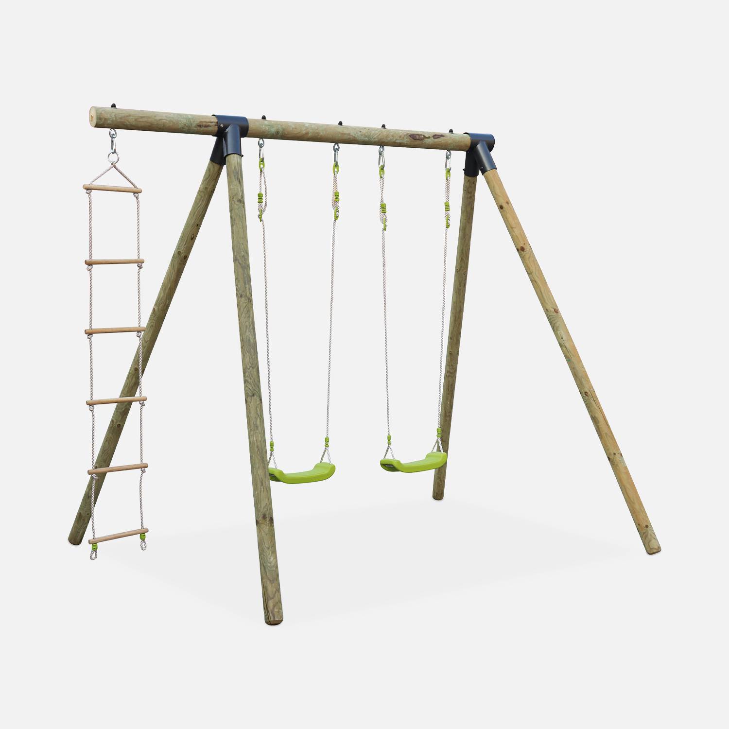 Houten speeltoestel Mistral, met twee schommels en een ladder van hout en touw Photo1