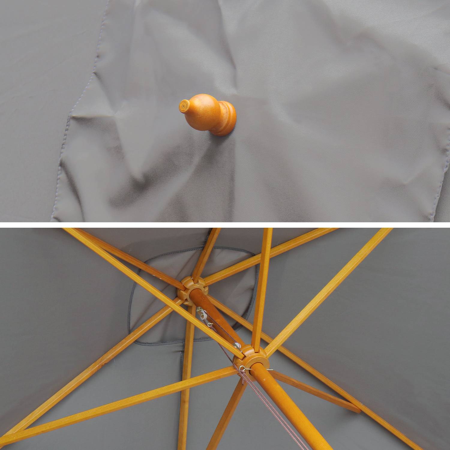 Rechthoekige houten parasol 2x3m, centrale houten mast, handmatig openingssysteem, katrol, grijs Photo5