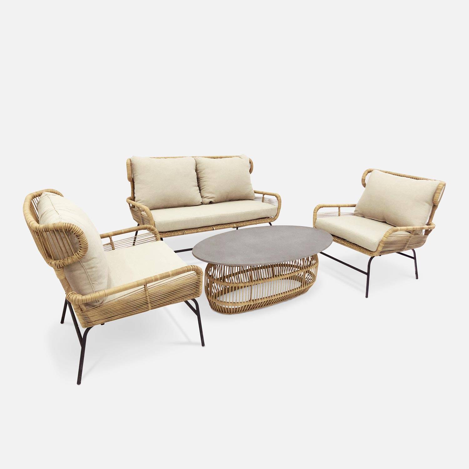 4-zits loungeset BALI - 2-zits bankstel en 2 fauteuils met 1 bijzettafel - Geweven rotan-effect wicker - Beige Photo2