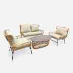 BALI niedrige Gartengarnitur 4 Sitze - Set Sofa mit 2 Sitzen und 2 Sesseln mit 1 ovaler Beistelltisch, Kunststoffrattan mit Rattan-Effekt, beigefarbene Kissen Photo1