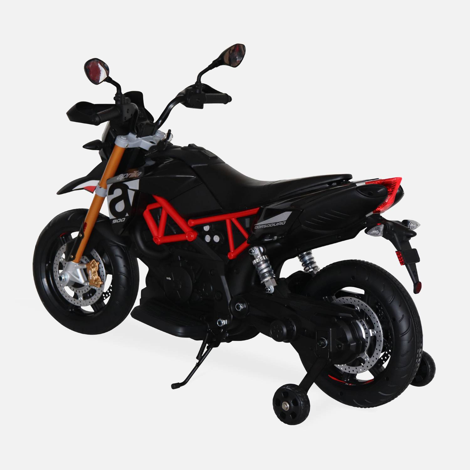 Aprilia noire Dorsoduro 900, moto électrique pour enfants 12V 4.5Ah, 1 place avec autoradio Photo2