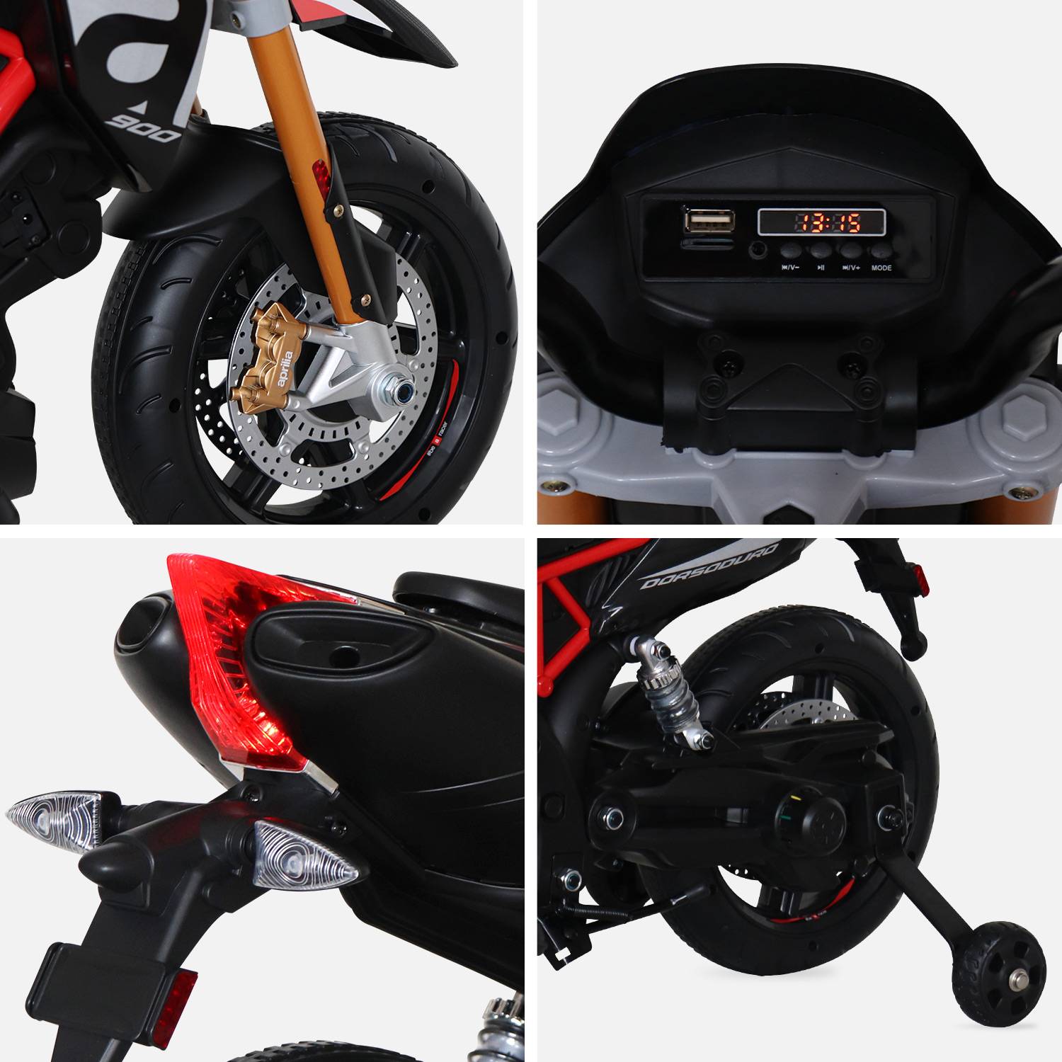 Aprilia noire Dorsoduro 900, moto électrique pour enfants 12V 4.5Ah, 1 place avec autoradio Photo3
