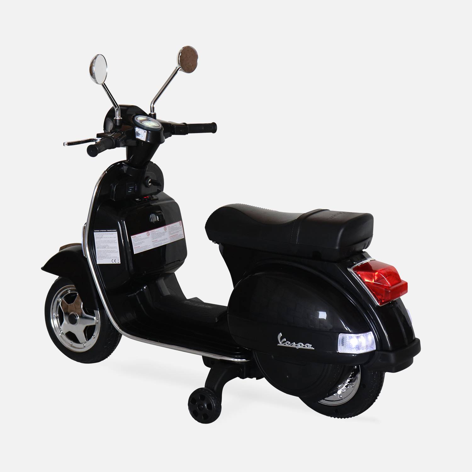 Vespa noire PX150, moto électrique pour enfants 12V 4.5Ah, 1 place avec autoradio Photo2