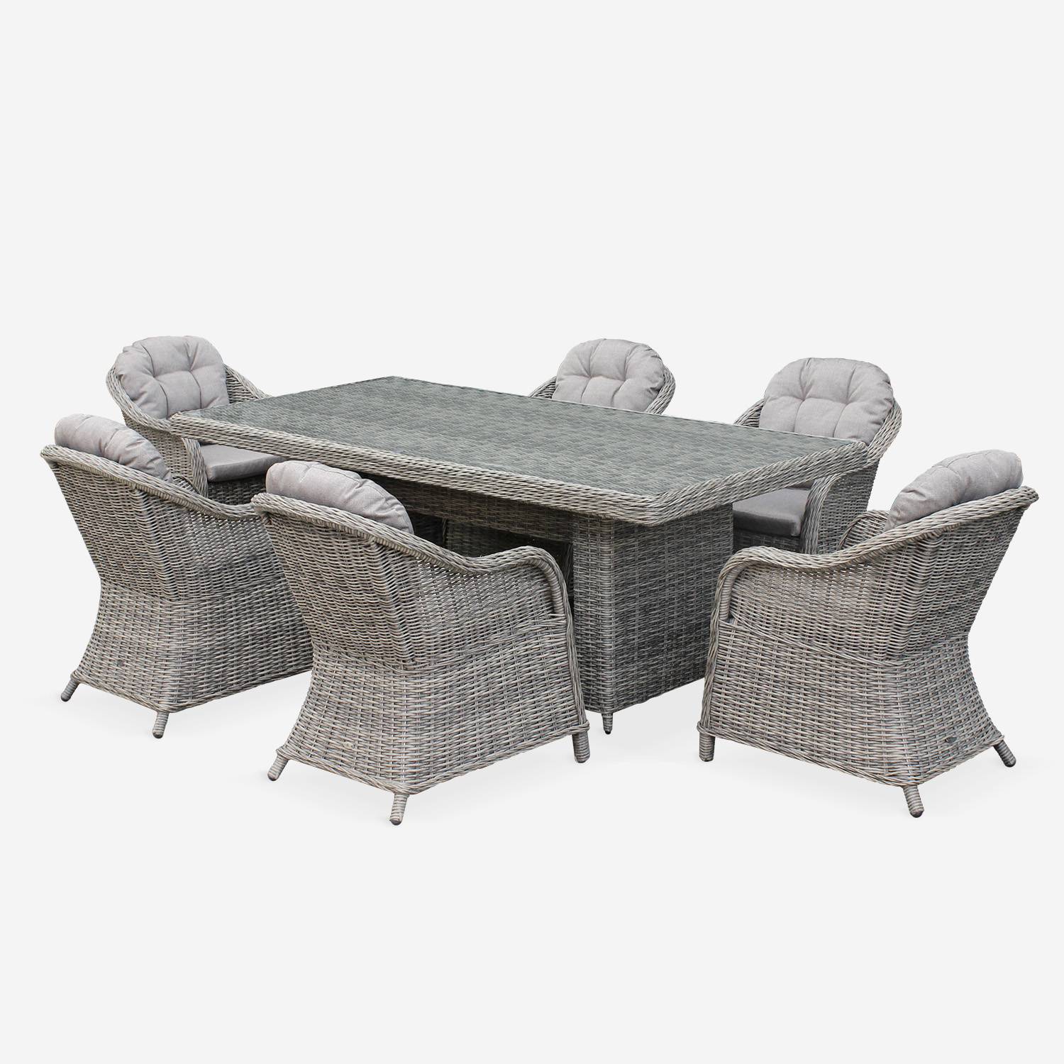 Gartentisch aus abgerundetem Polyrattan - Lecco Grau- Beigefarbene Kissen - 6 Sessel, 6 Plätze, 1 großer Tisch Photo2
