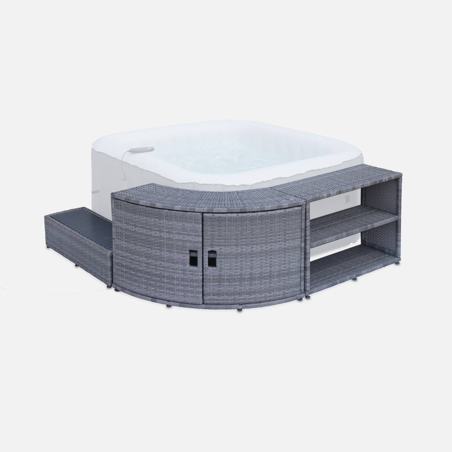 Grey polyrattan surround for square hot tub with cabinet, shelf and footstep Photo1