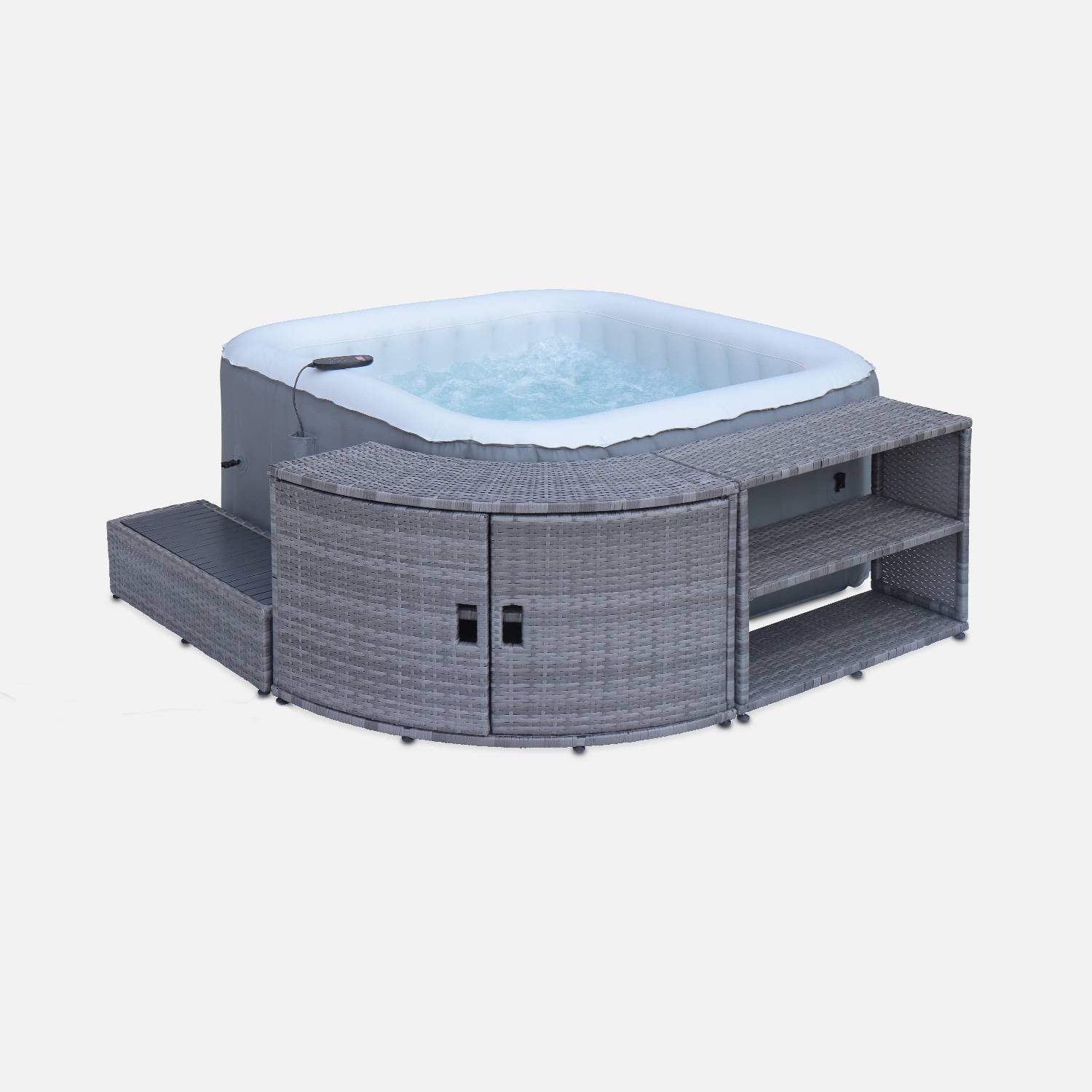 Grey polyrattan surround for square hot tub with cabinet, shelf and footstep Photo3