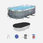 Kit piscine complet BESTWAY – Spinelle grise – piscine ovale tubulaire 4x2 m avec bâche de protection noire, échelle, pompe de filtration et kit de réparation inclus  Photo1