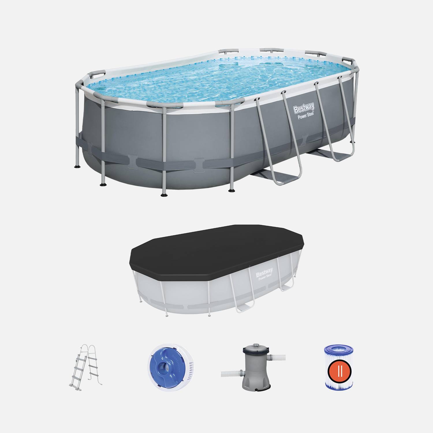 Kit piscine complet BESTWAY – Spinelle grise – piscine ovale tubulaire 4x2 m avec bâche de protection noire, échelle, pompe de filtration et kit de réparation inclus  Photo1