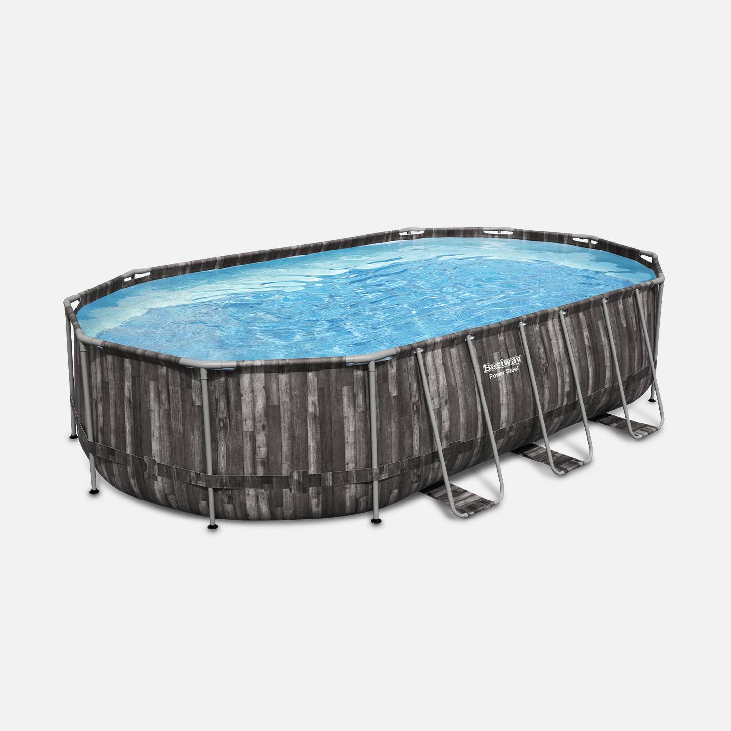 Kit piscine géante complet BESTWAY – Spinelle – piscine ovale tubulaire 6x3 m motif aspect bois, pompe de filtration, échelle, bâche de protection, diffuseur ChemConnect Photo2