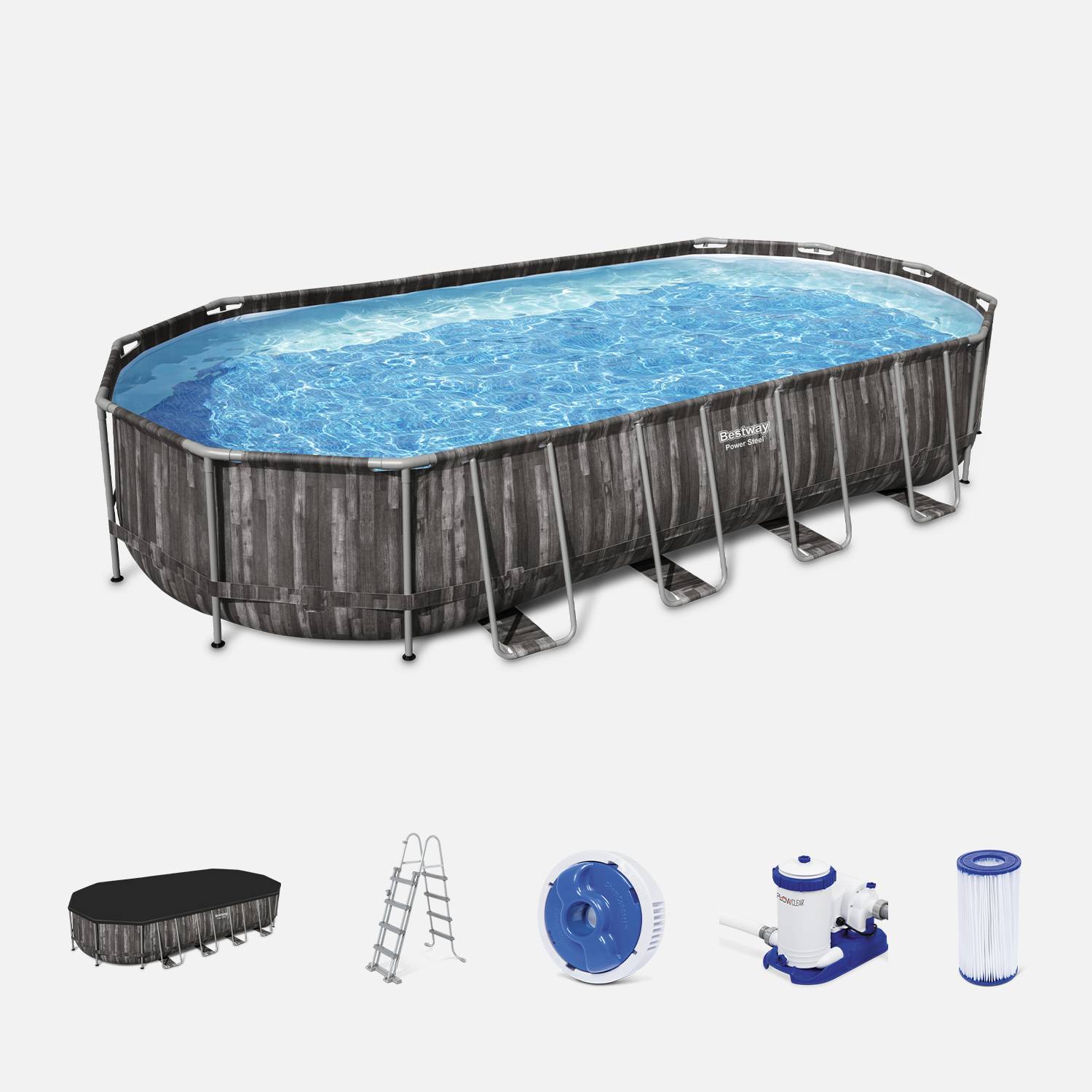 Kit piscine géante complet BESTWAY – Spinelle – piscine ovale tubulaire 7x3 m motif aspect bois, pompe de filtration, échelle, bâche de protection, diffuseur ChemConnect Photo1