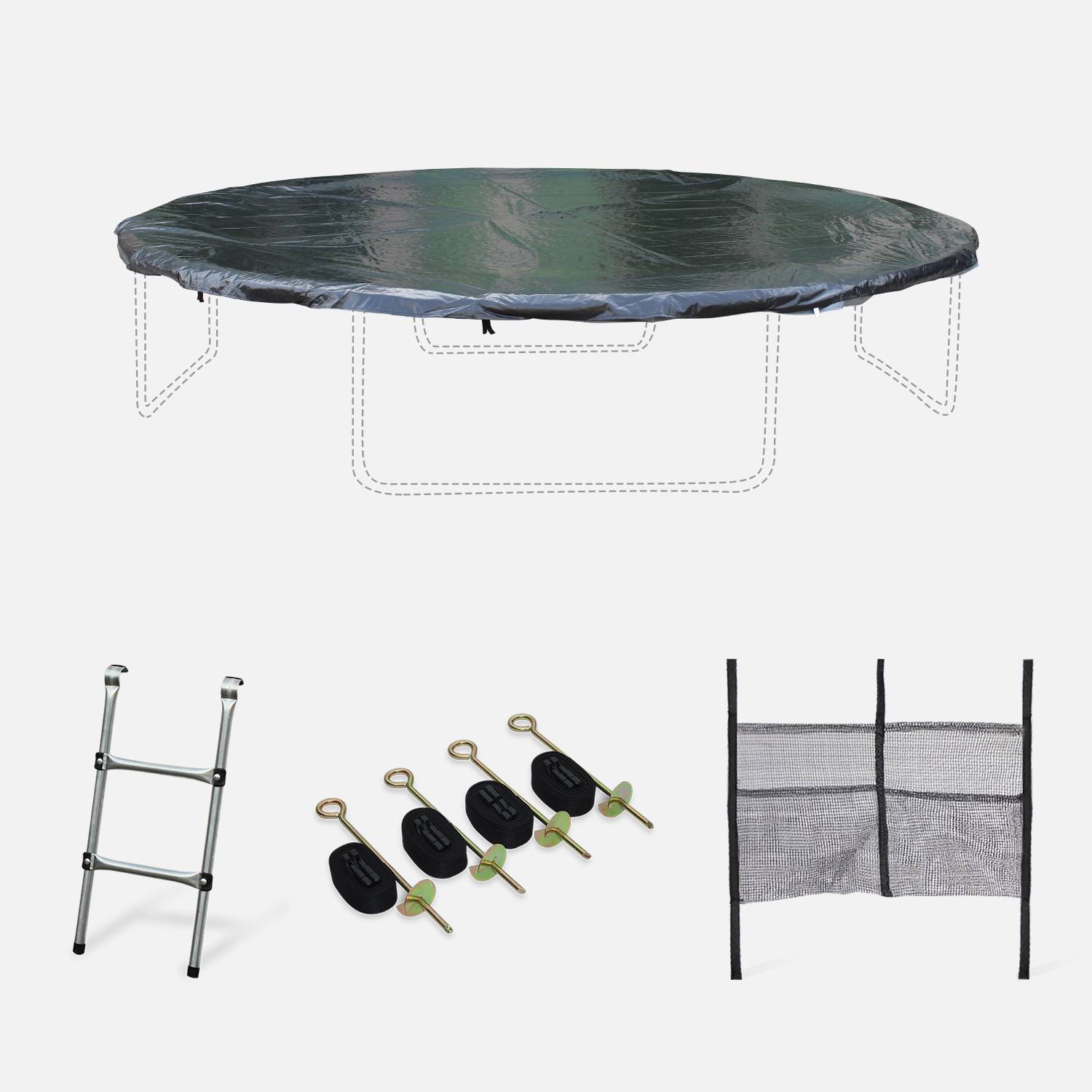 Pack d'accessoires pour trampoline Mercure Ø400cm avec échelle, bâche de protection, filet de rangement pour chaussures et kit d'ancrage Photo1
