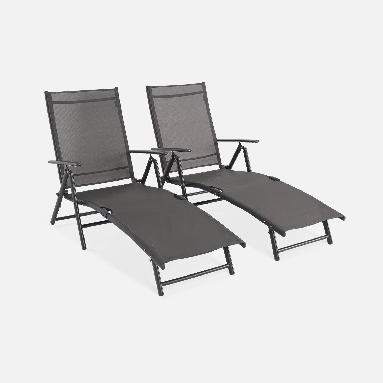 Lot de 2 bains de soleil pliants – JULIA anthracite – transat 7 positions, textilène et aluminium galvanisé noir, accoudoirs Photo1