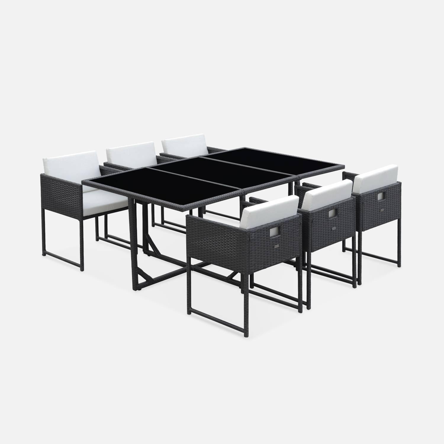 Gartenmöbel aus geflochtenem Harz für 6 Personen - FIRENZE 6 - schwarze Farbe, weiße Kissen, eingebauter Tisch Photo3