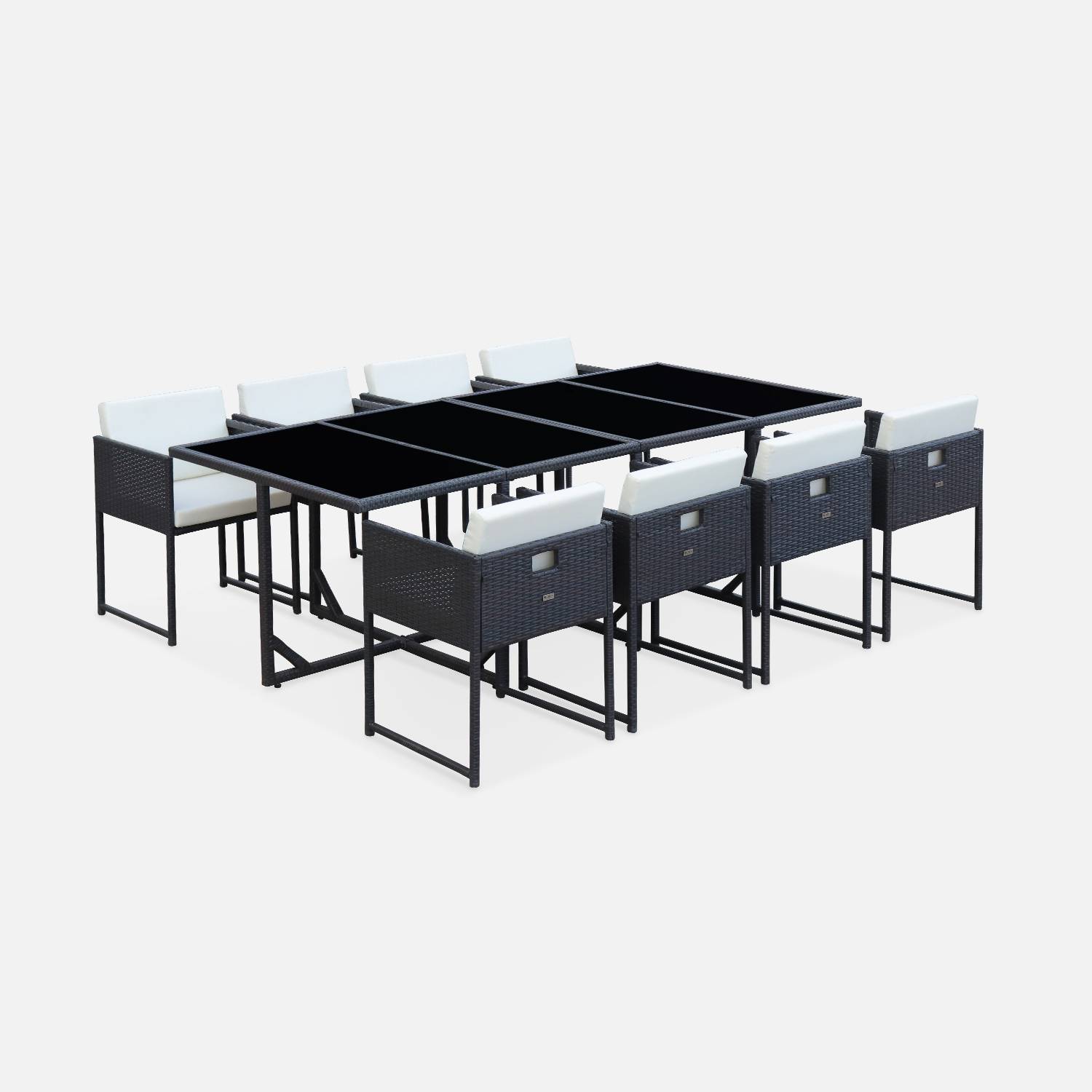 Table de jardin en résine 8 places – FIRENZE 8 – coloris marron, coussins blancs, table encastrable