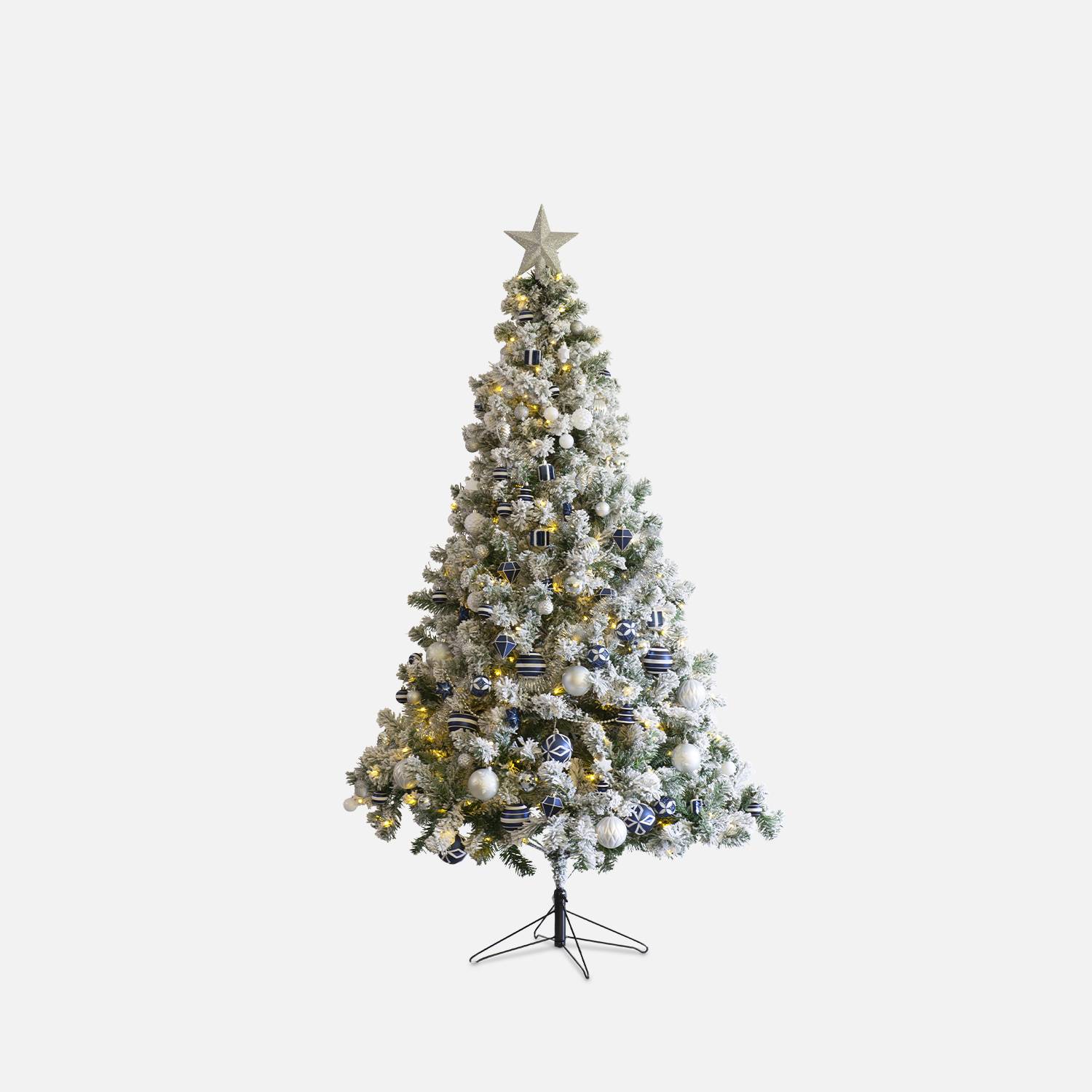 Árvore de Natal artificial coberta de neve com kit de decoração - Montreal 180cm - branca com decorações azuis, prateadas e brancas Photo7 Árvore de Natal artificial coberta de neve com kit de decoração - Montreal 180cm - branca com decorações azuis, prateadas e brancas Photo7