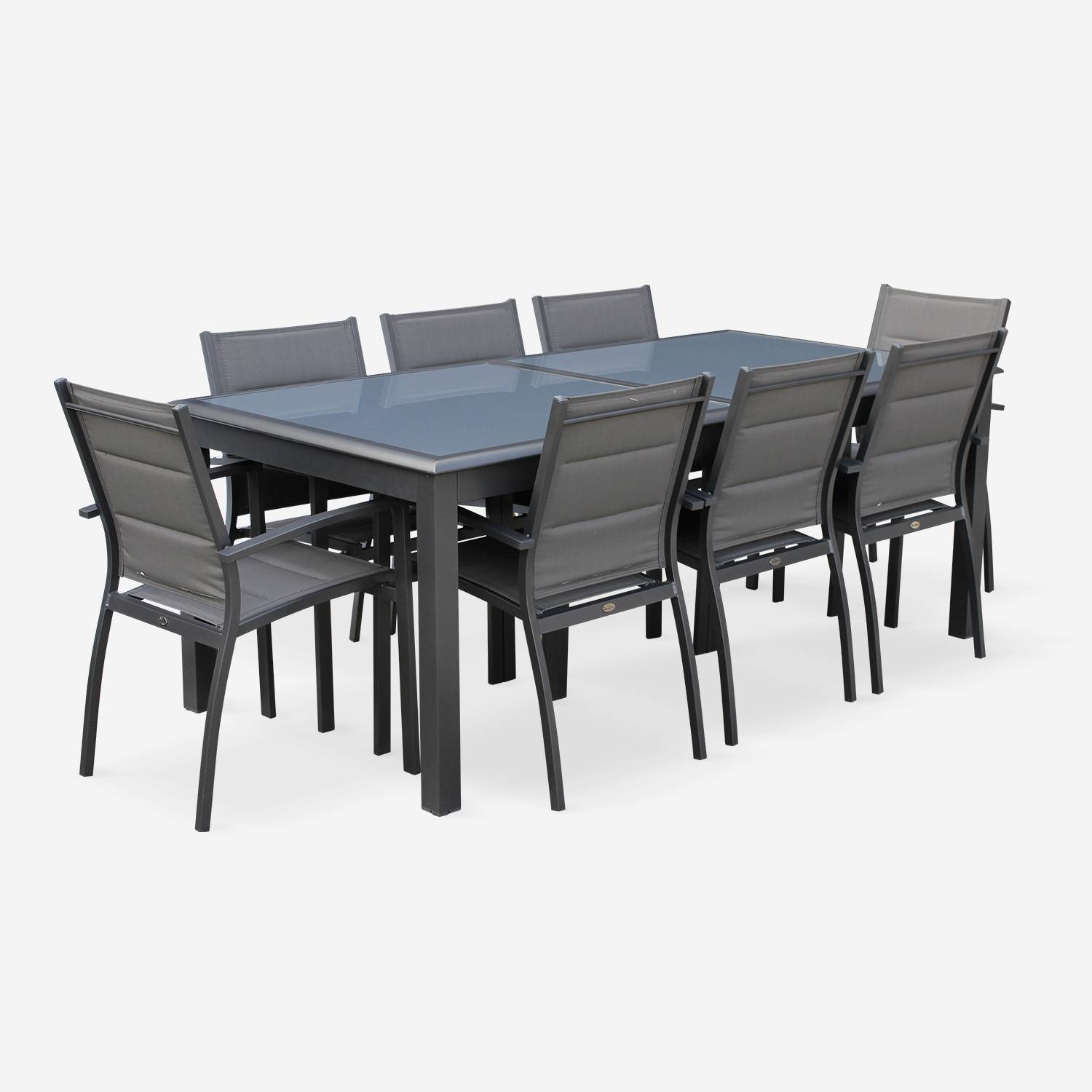 Salon de jardin table extensible - Philadelphie Gris anthracite - Table en aluminium 200/300cm, plateau de verre, rallonge et 8 fauteuils en textilène Photo3