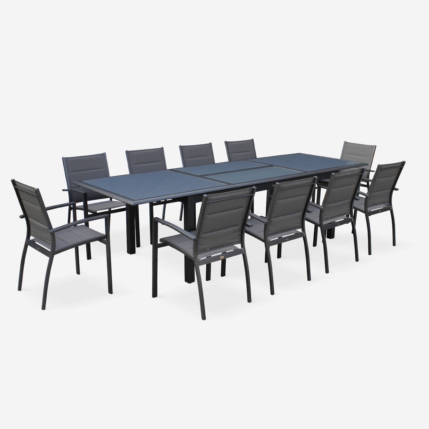 Salon de jardin table extensible - Philadelphie Gris anthracite - Table en aluminium 200/300cm, plateau de verre, rallonge et 8 fauteuils en textilène Photo4