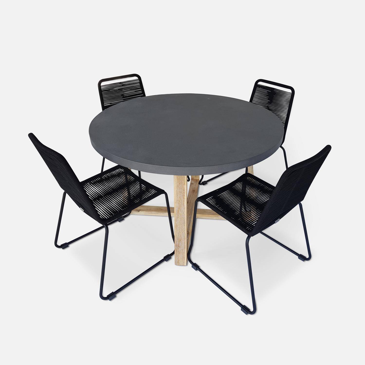 Borneo runder Gartentisch aus Faserzement Ø120cm und Brasilia Gartenstühle aus schwarzem Seil stapelbar Photo1