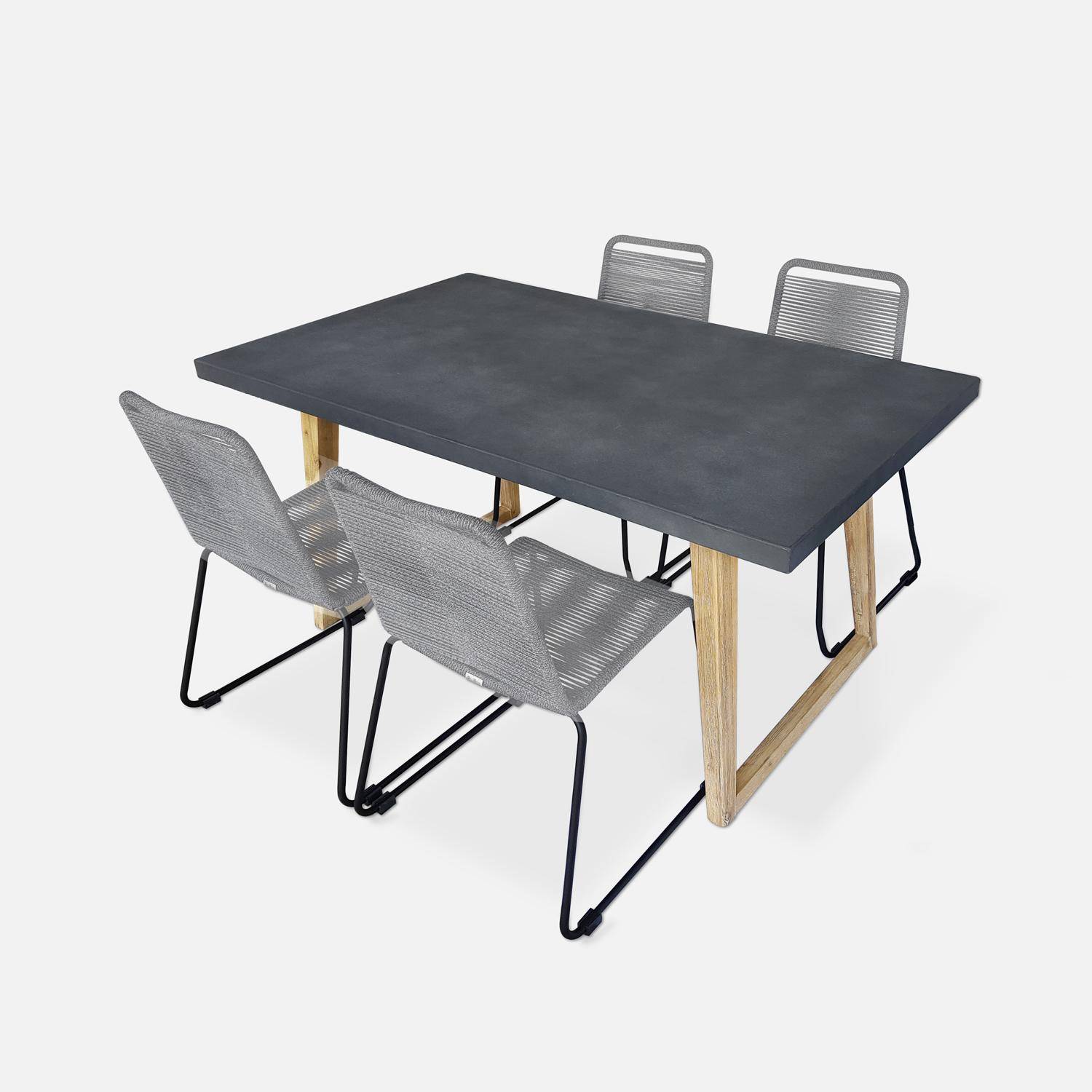 Table de jardin rectangulaire en fibre de ciment 160cm Borneo et chaises de jardin Brasilia en corde gris clair empilables Photo1