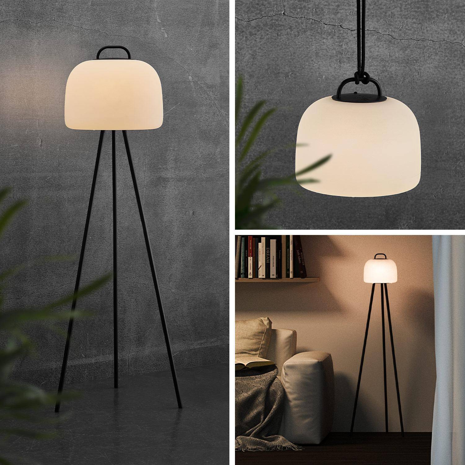 Lampe extérieure LED 3 en 1 – TRIPADA XL– Lampe extérieure en plastique, Ø36cm rechargeable, à suspendre, avec trépied 1m et corde Photo1