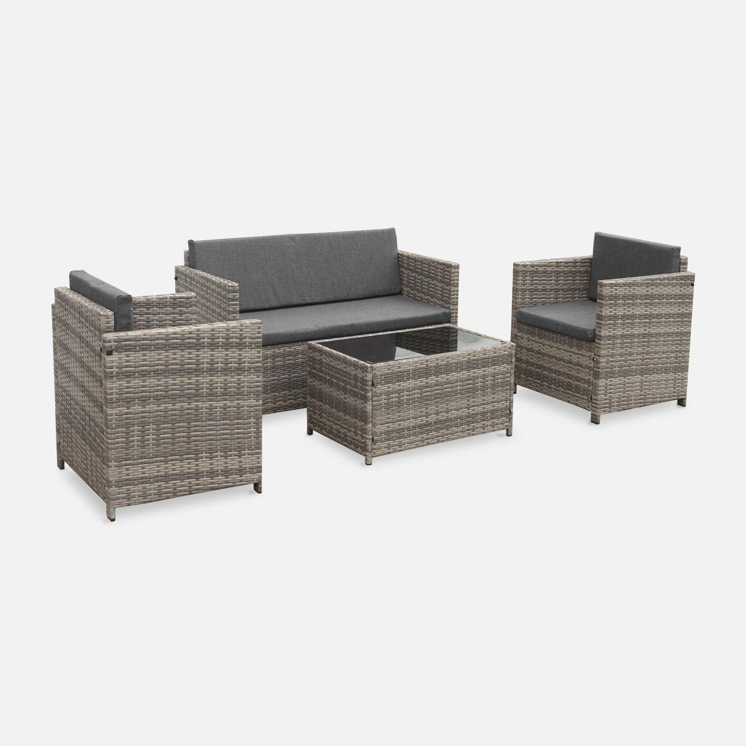 Wicker loungeset - 4 plaatsen - 1 bank, 2 fauteuils, een lage tafel, grijstinten,sweeek,Photo2