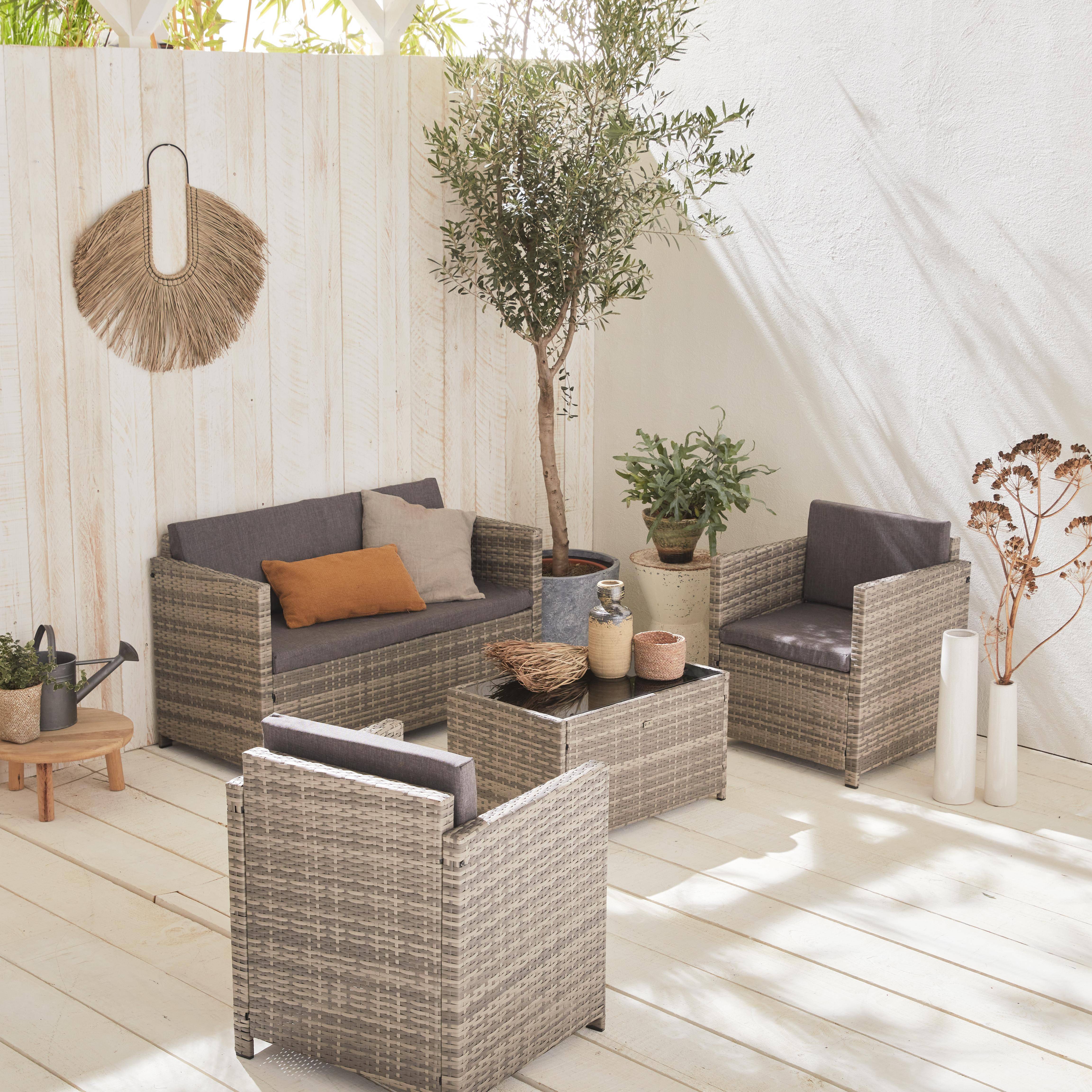 Wicker loungeset - 4 plaatsen - 1 bank, 2 fauteuils, een lage tafel, grijstinten,sweeek,Photo2