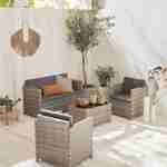 Wicker loungeset - 4 plaatsen - 1 bank, 2 fauteuils, een lage tafel, grijstinten Photo1
